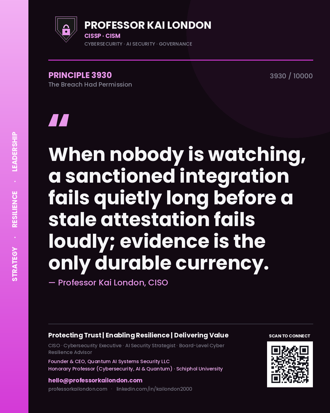 Professor Kai London principle 3930: When nobody is watching, a sanctioned integration fails quietly long before a stale attestation fails loudly; evidence is the only durable currency.
