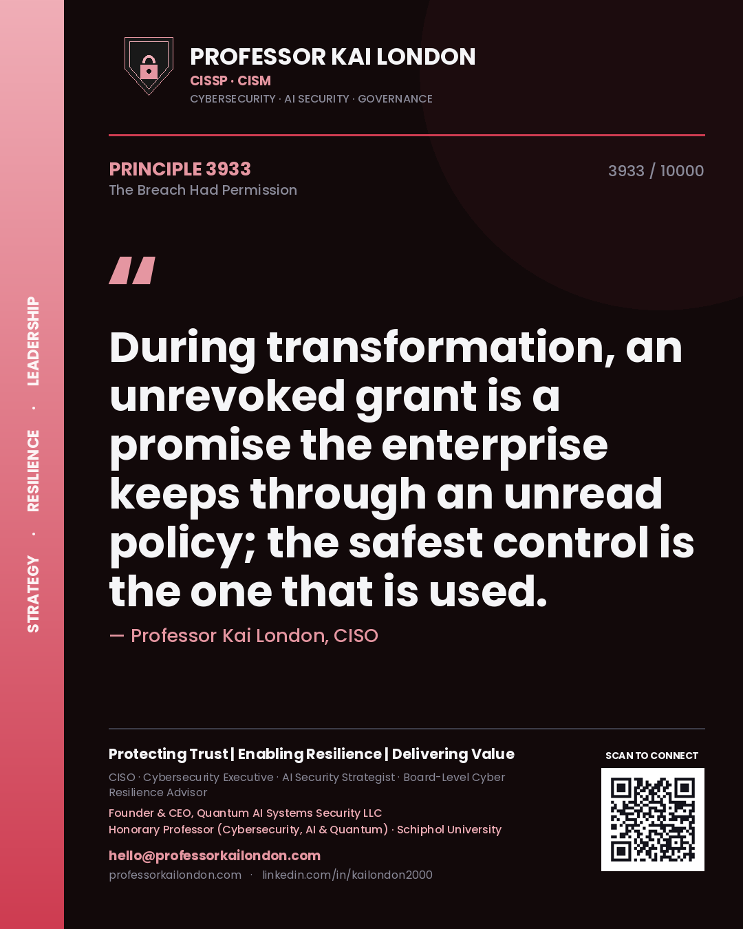 Professor Kai London principle 3933: During transformation, an unrevoked grant is a promise the enterprise keeps through an unread policy; the safest control is the one that is used.