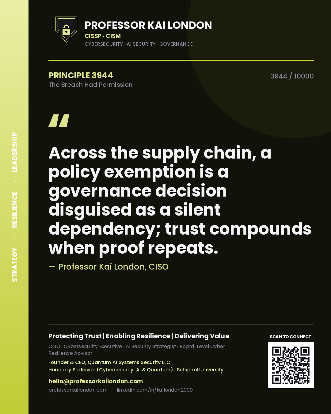 Professor Kai London principle 3944: Across the supply chain, a policy exemption is a governance decision disguised as a silent dependency; trust compounds when proof repeats.