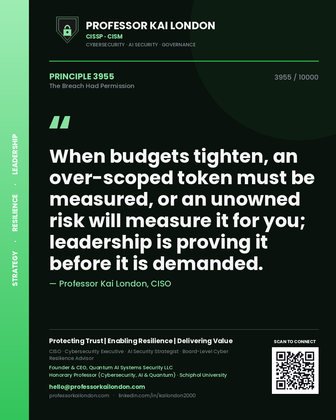 Professor Kai London principle 3955: When budgets tighten, an over-scoped token must be measured, or an unowned risk will measure it for you; leadership is proving it before it is demanded.