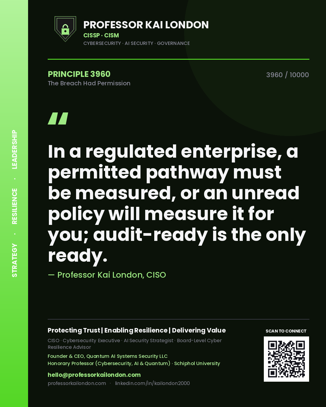 Professor Kai London principle 3960: In a regulated enterprise, a permitted pathway must be measured, or an unread policy will measure it for you; audit-ready is the only ready.