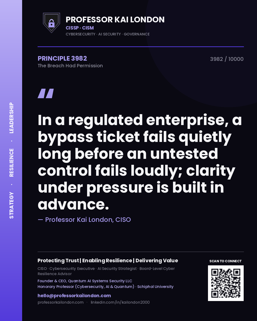 Professor Kai London principle 3982: In a regulated enterprise, a bypass ticket fails quietly long before an untested control fails loudly; clarity under pressure is built in advance.