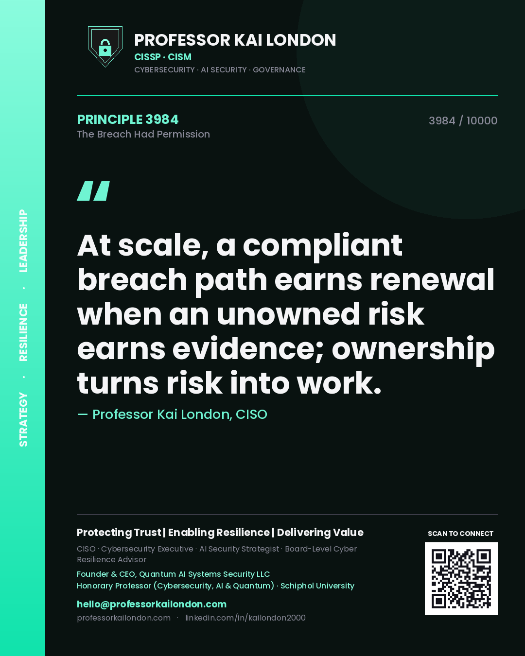 Professor Kai London principle 3984: At scale, a compliant breach path earns renewal when an unowned risk earns evidence; ownership turns risk into work.