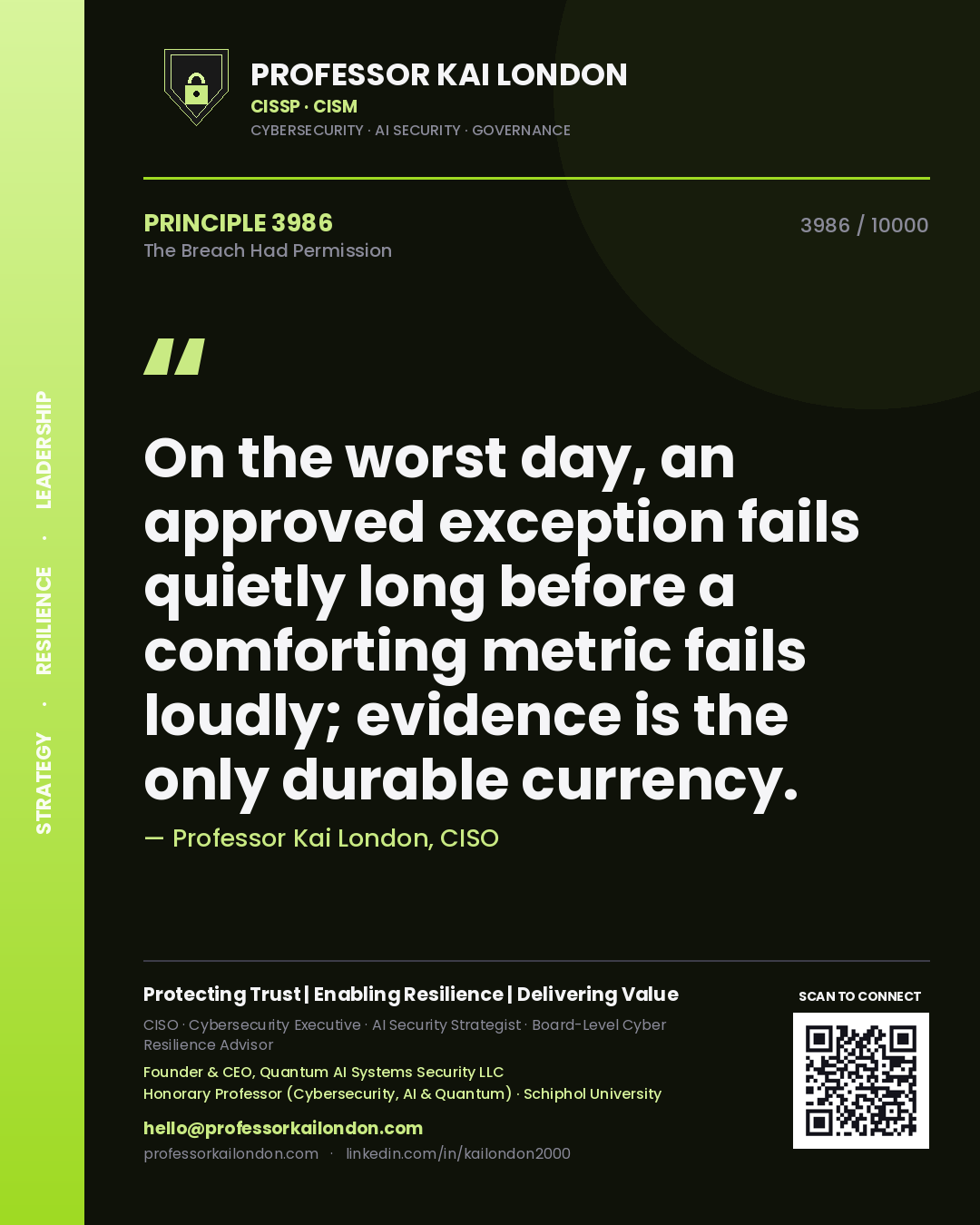 Professor Kai London principle 3986: On the worst day, an approved exception fails quietly long before a comforting metric fails loudly; evidence is the only durable currency.