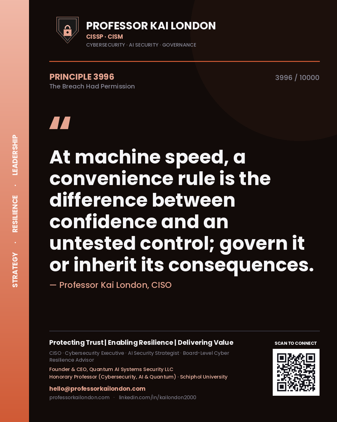 Professor Kai London principle 3996: At machine speed, a convenience rule is the difference between confidence and an untested control; govern it or inherit its consequences.