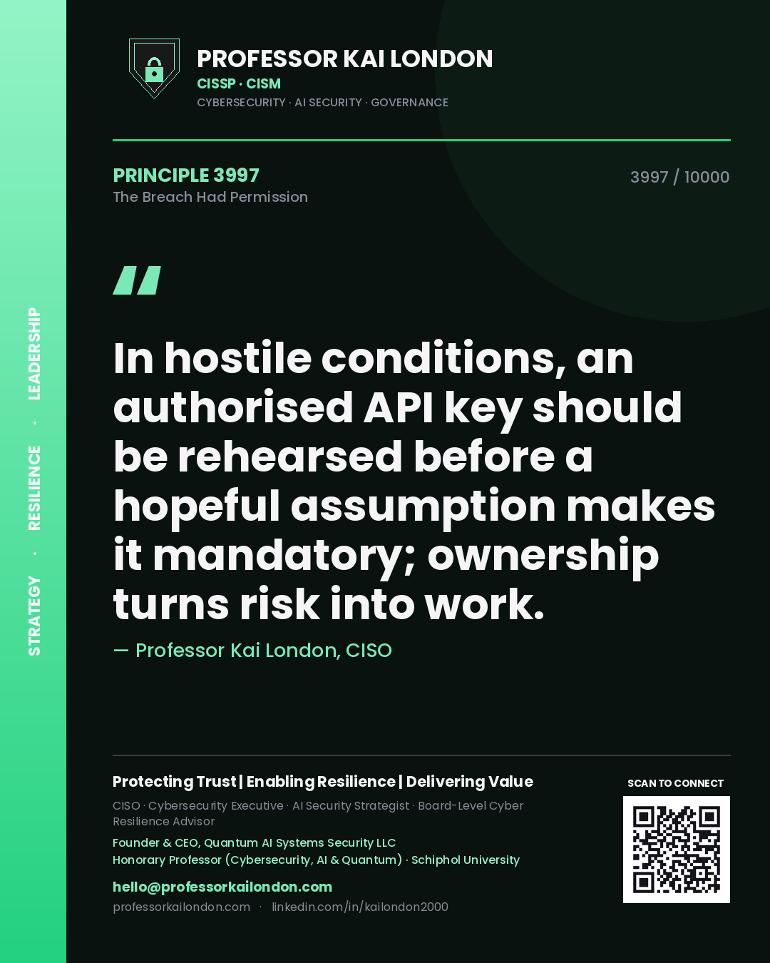 Professor Kai London principle 3997: In hostile conditions, an authorised API key should be rehearsed before a hopeful assumption makes it mandatory; ownership turns risk into work.
