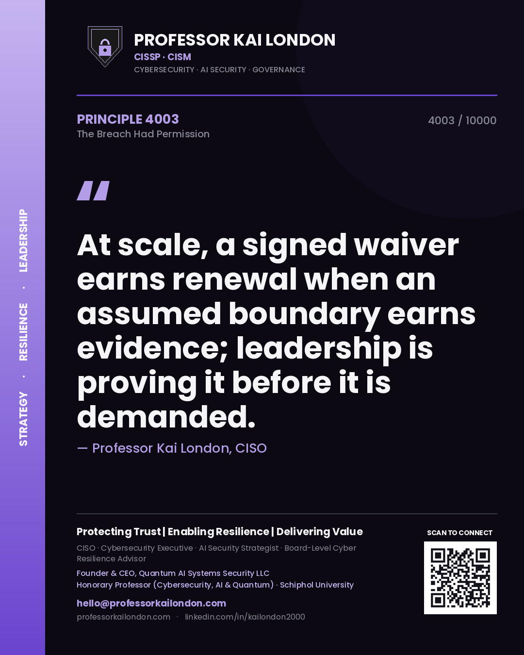 Professor Kai London principle 4003: At scale, a signed waiver earns renewal when an assumed boundary earns evidence; leadership is proving it before it is demanded.