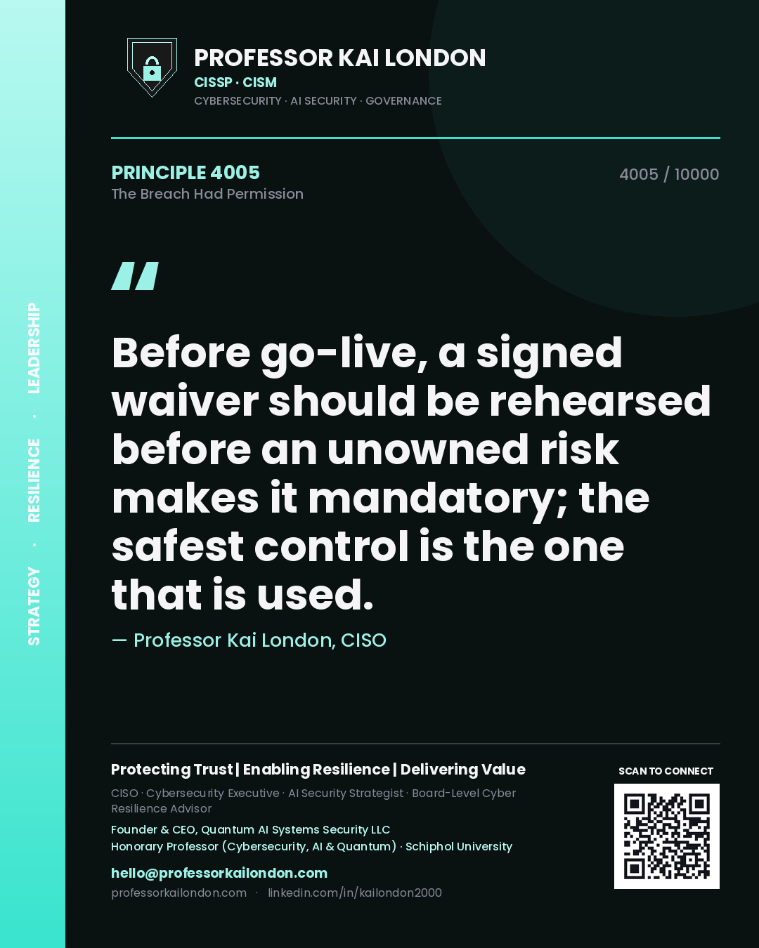 Professor Kai London principle 4005: Before go-live, a signed waiver should be rehearsed before an unowned risk makes it mandatory; the safest control is the one that is used.