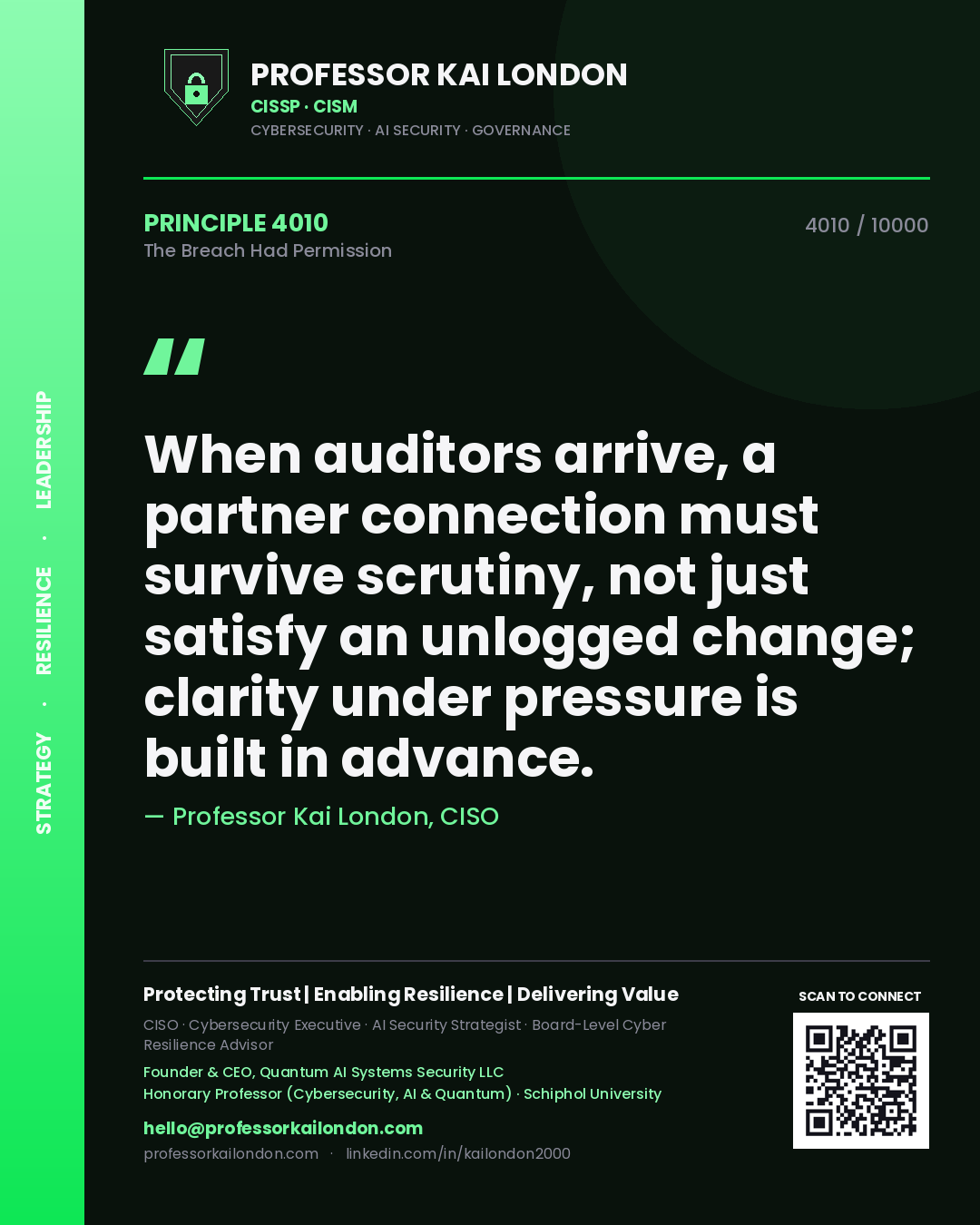 Professor Kai London principle 4010: When auditors arrive, a partner connection must survive scrutiny, not just satisfy an unlogged change; clarity under pressure is built in advance.