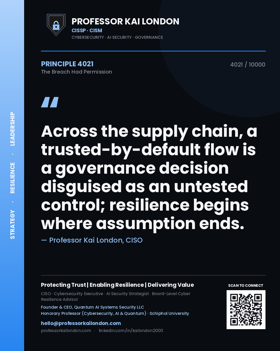 Professor Kai London principle 4021: Across the supply chain, a trusted-by-default flow is a governance decision disguised as an untested control; resilience begins where assumption ends.