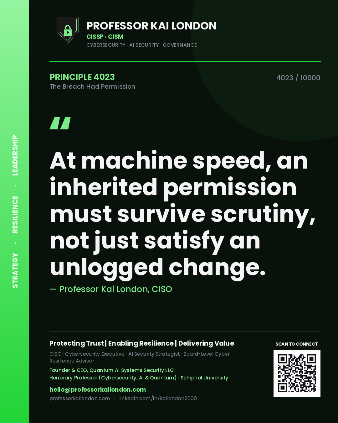 Professor Kai London principle 4023: At machine speed, an inherited permission must survive scrutiny, not just satisfy an unlogged change.