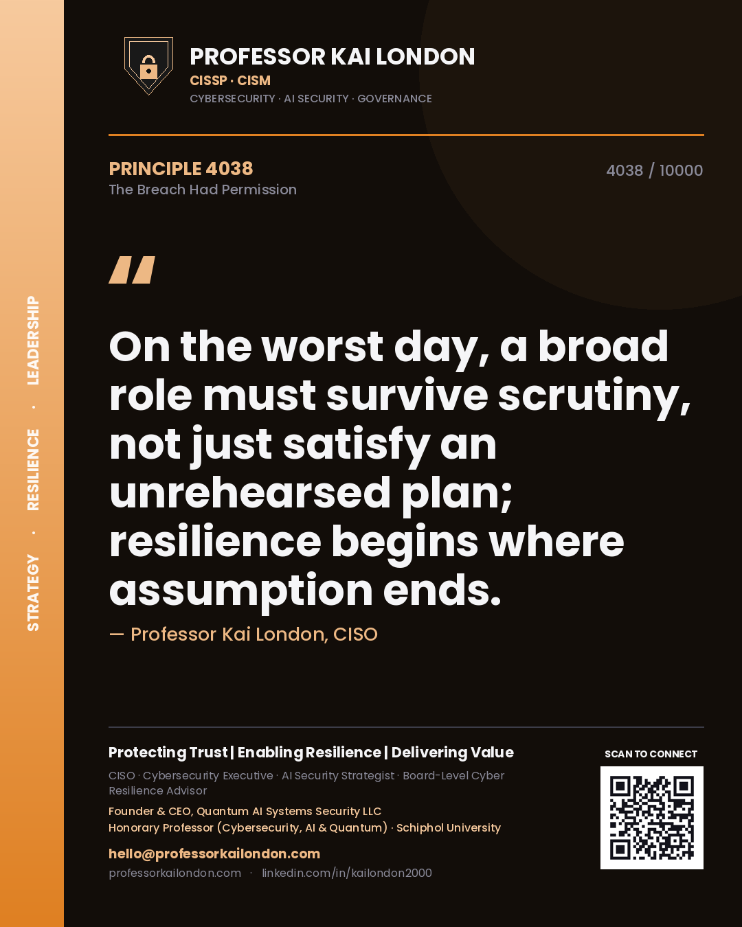 Professor Kai London principle 4038: On the worst day, a broad role must survive scrutiny, not just satisfy an unrehearsed plan; resilience begins where assumption ends.