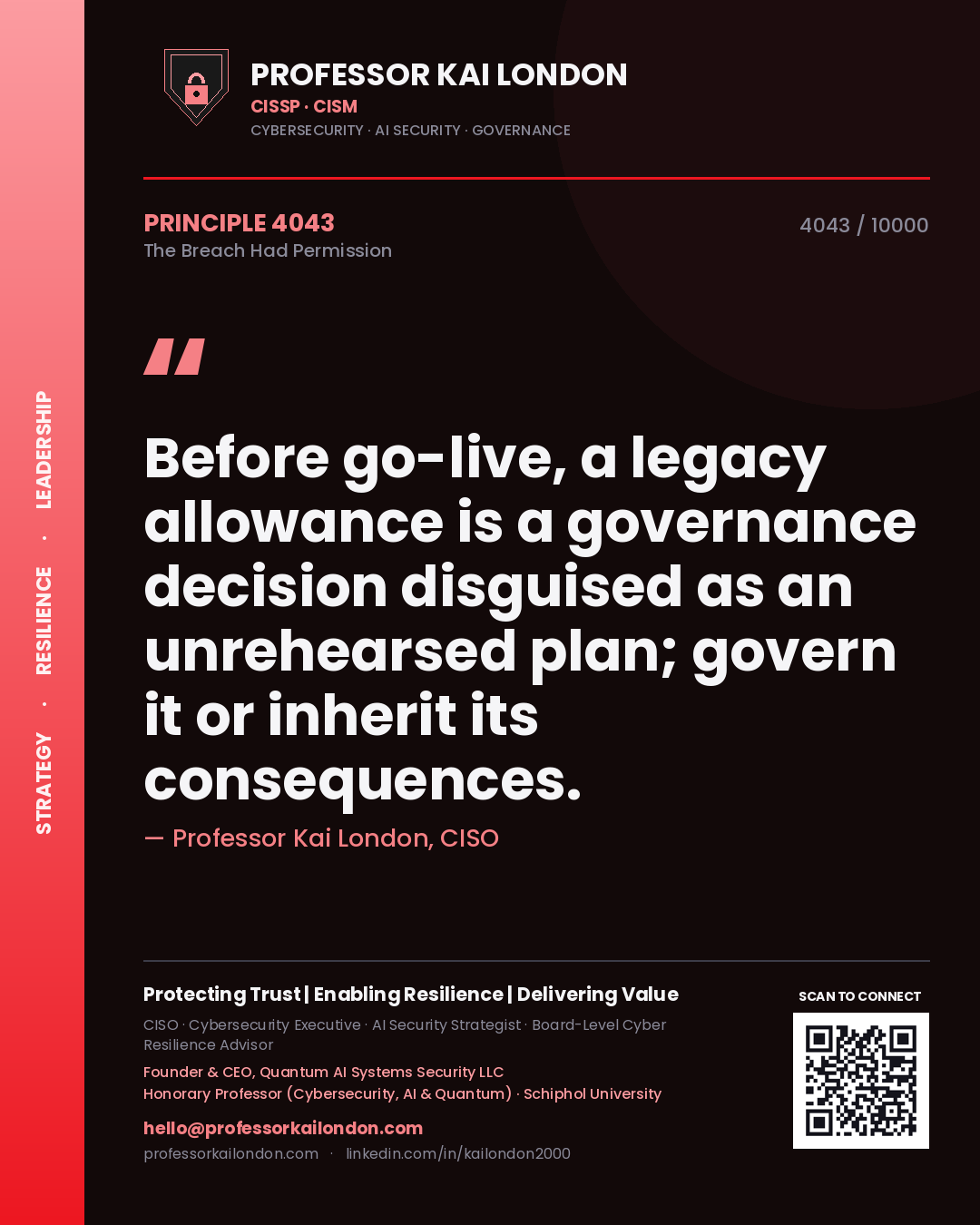 Professor Kai London principle 4043: Before go-live, a legacy allowance is a governance decision disguised as an unrehearsed plan; govern it or inherit its consequences.