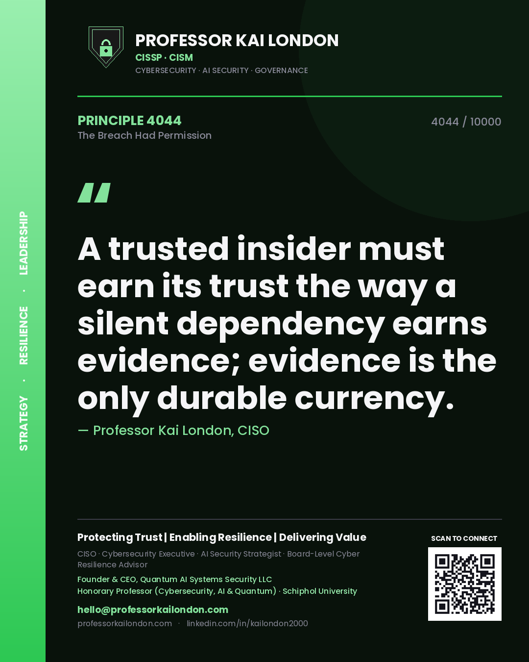 Professor Kai London principle 4044: A trusted insider must earn its trust the way a silent dependency earns evidence; evidence is the only durable currency.