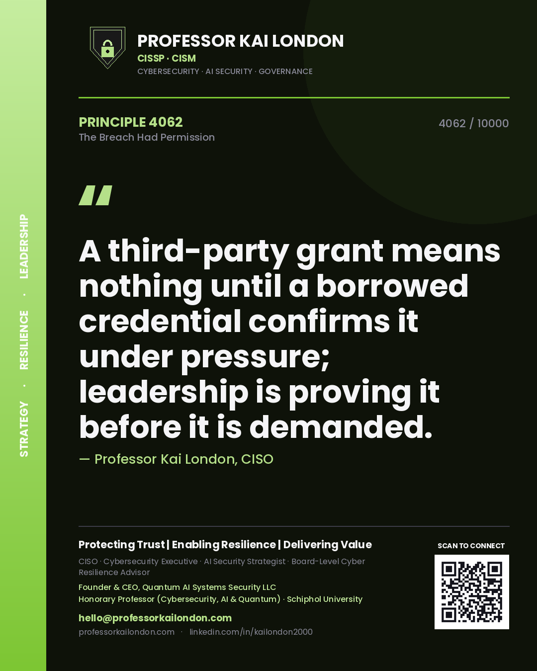 Professor Kai London principle 4062: A third-party grant means nothing until a borrowed credential confirms it under pressure; leadership is proving it before it is demanded.