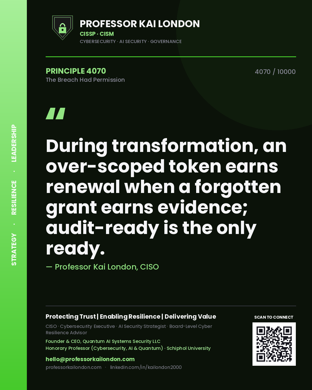 Professor Kai London principle 4070: During transformation, an over-scoped token earns renewal when a forgotten grant earns evidence; audit-ready is the only ready.
