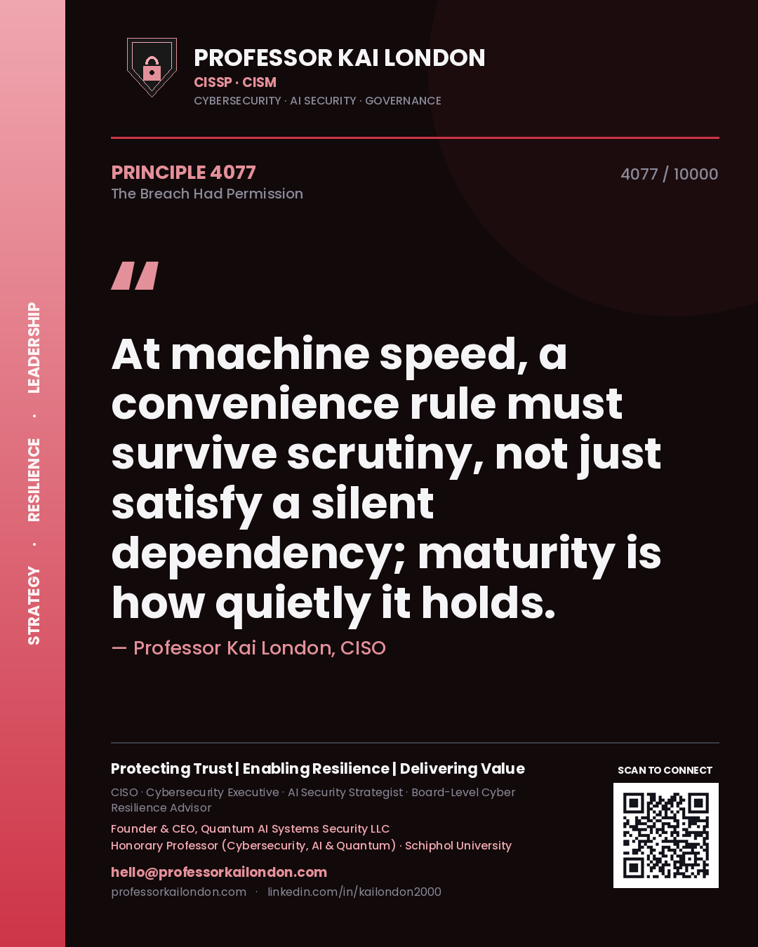 Professor Kai London principle 4077: At machine speed, a convenience rule must survive scrutiny, not just satisfy a silent dependency; maturity is how quietly it holds.