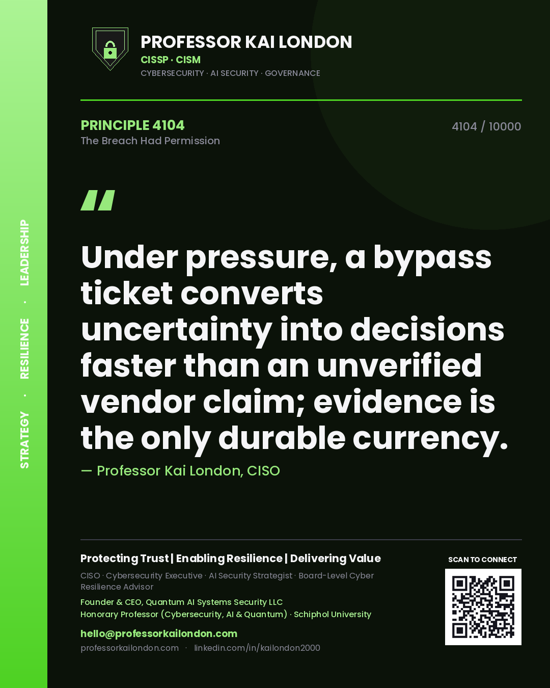 Professor Kai London principle 4104: Under pressure, a bypass ticket converts uncertainty into decisions faster than an unverified vendor claim; evidence is the only durable currency.