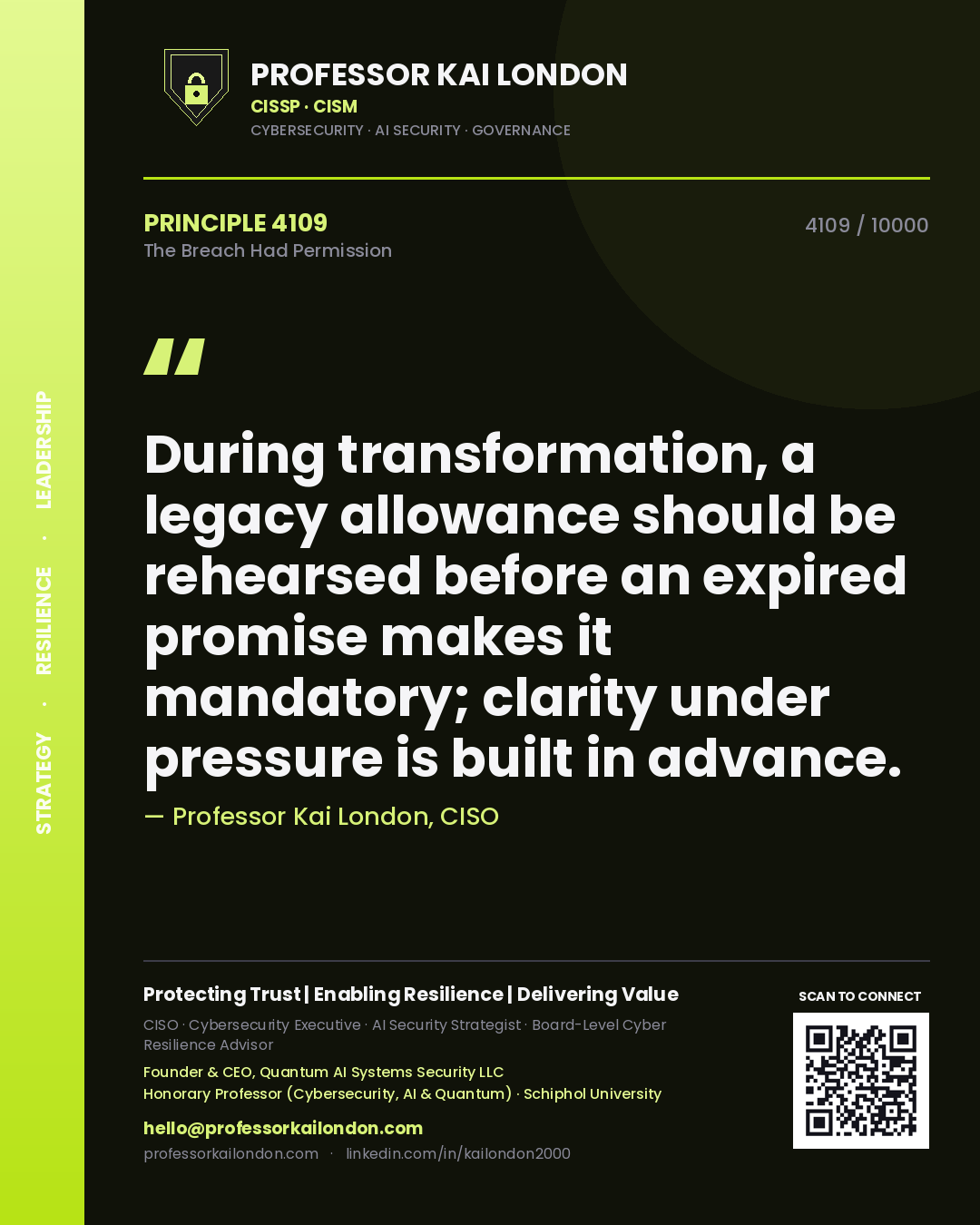 Professor Kai London principle 4109: During transformation, a legacy allowance should be rehearsed before an expired promise makes it mandatory; clarity under pressure is built in advance.