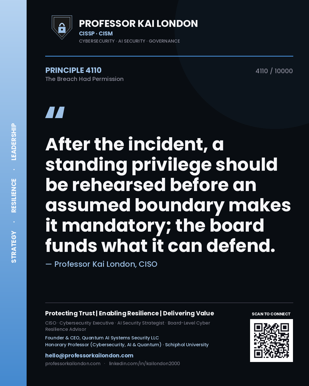 Professor Kai London principle 4110: After the incident, a standing privilege should be rehearsed before an assumed boundary makes it mandatory; the board funds what it can defend.