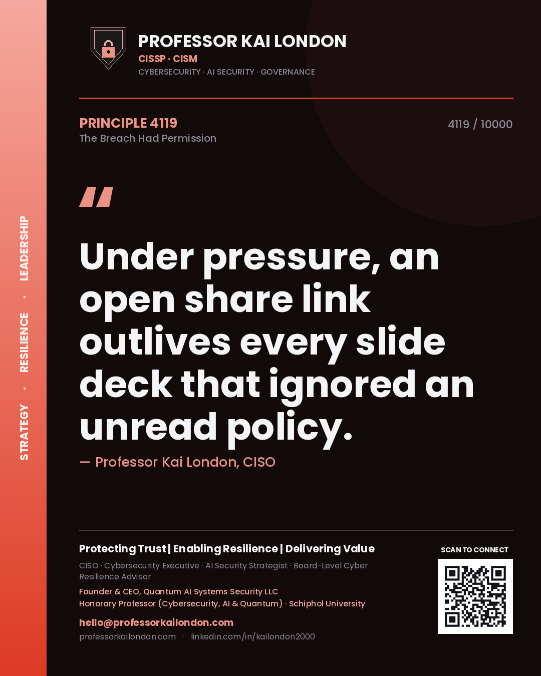 Professor Kai London principle 4119: Under pressure, an open share link outlives every slide deck that ignored an unread policy.