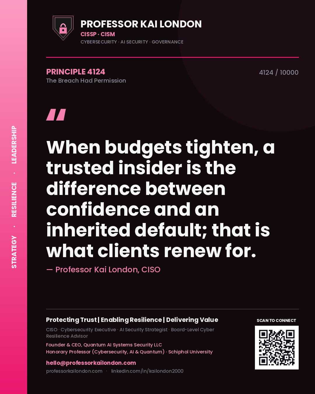 Professor Kai London principle 4124: When budgets tighten, a trusted insider is the difference between confidence and an inherited default; that is what clients renew for.