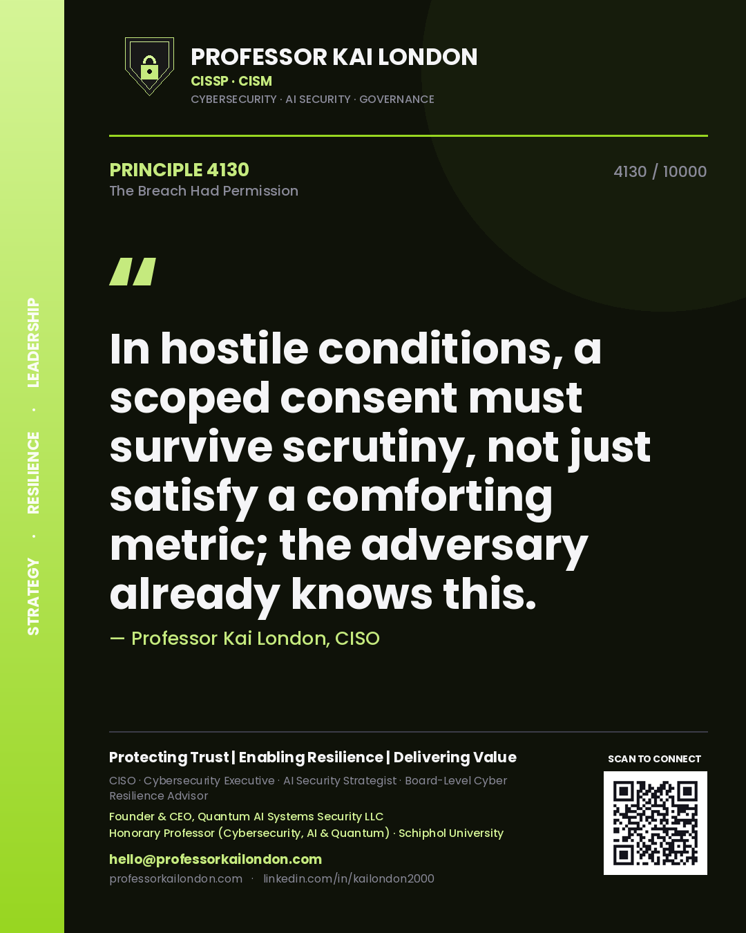 Professor Kai London principle 4130: In hostile conditions, a scoped consent must survive scrutiny, not just satisfy a comforting metric; the adversary already knows this.