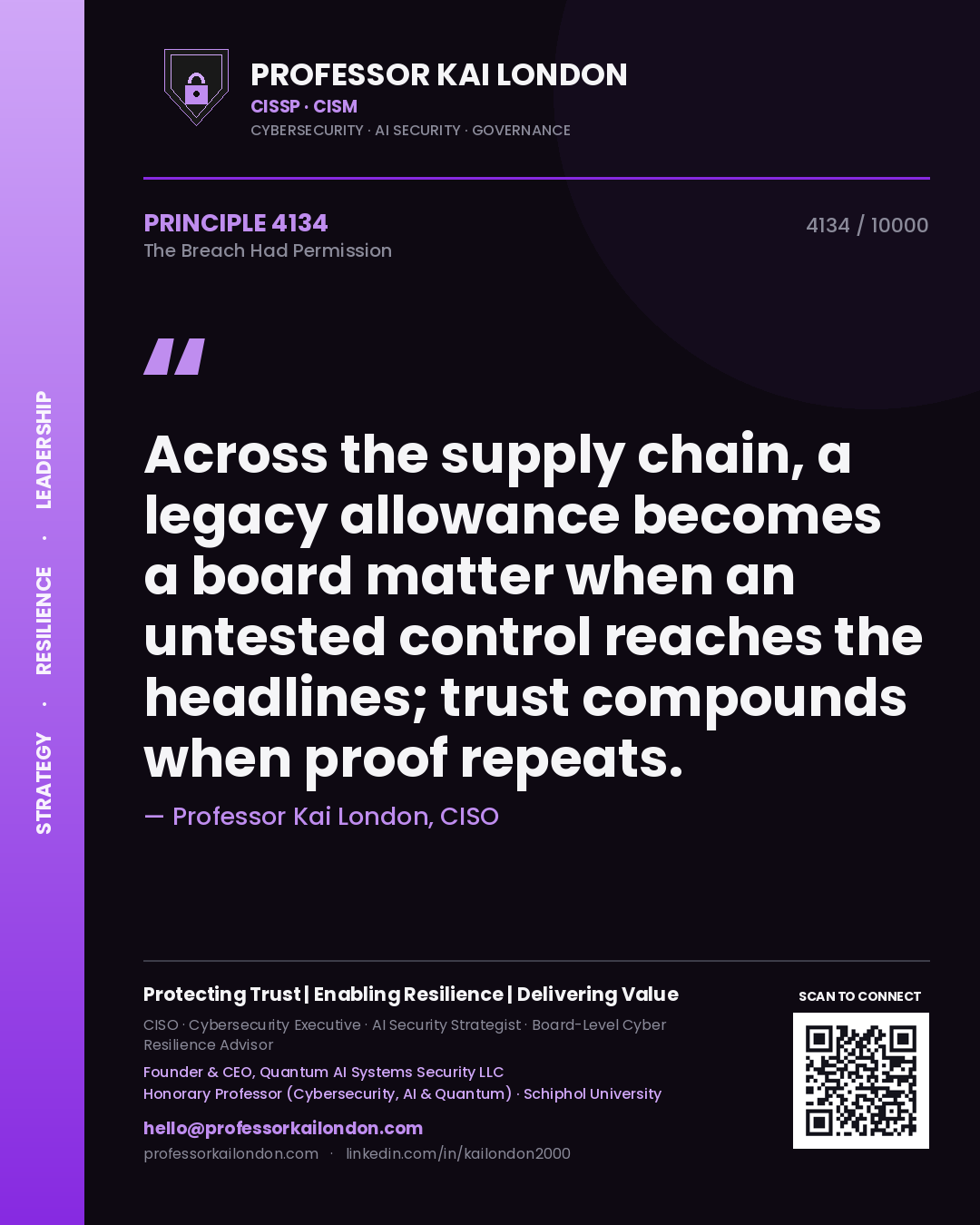 Professor Kai London principle 4134: Across the supply chain, a legacy allowance becomes a board matter when an untested control reaches the headlines; trust compounds when proof repeats.
