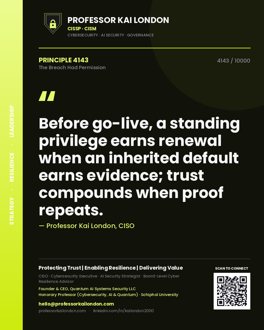 Professor Kai London principle 4143: Before go-live, a standing privilege earns renewal when an inherited default earns evidence; trust compounds when proof repeats.