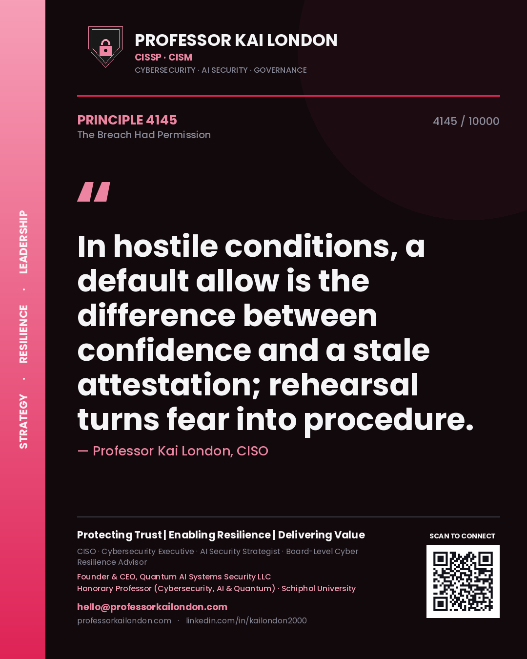 Professor Kai London principle 4145: In hostile conditions, a default allow is the difference between confidence and a stale attestation; rehearsal turns fear into procedure.