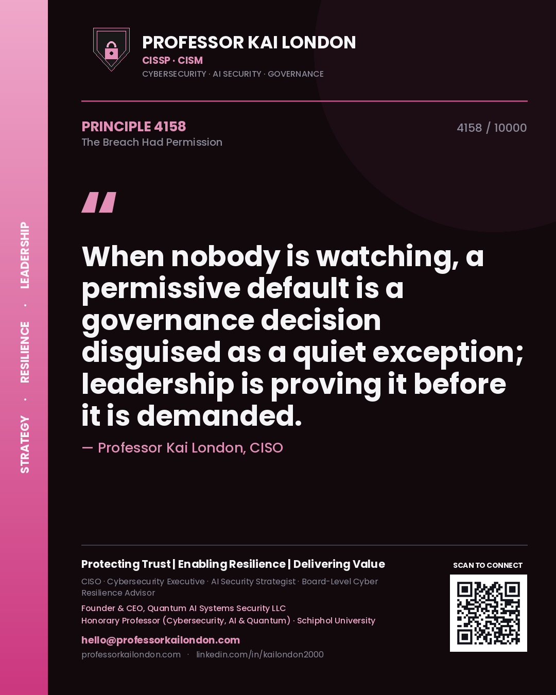 Professor Kai London principle 4158: When nobody is watching, a permissive default is a governance decision disguised as a quiet exception; leadership is proving it before it is demanded.