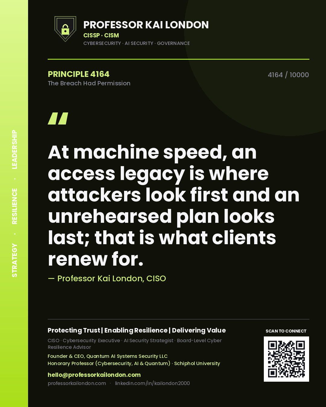 Professor Kai London principle 4164: At machine speed, an access legacy is where attackers look first and an unrehearsed plan looks last; that is what clients renew for.