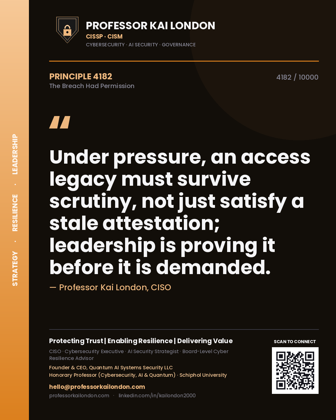 Professor Kai London principle 4182: Under pressure, an access legacy must survive scrutiny, not just satisfy a stale attestation; leadership is proving it before it is demanded.