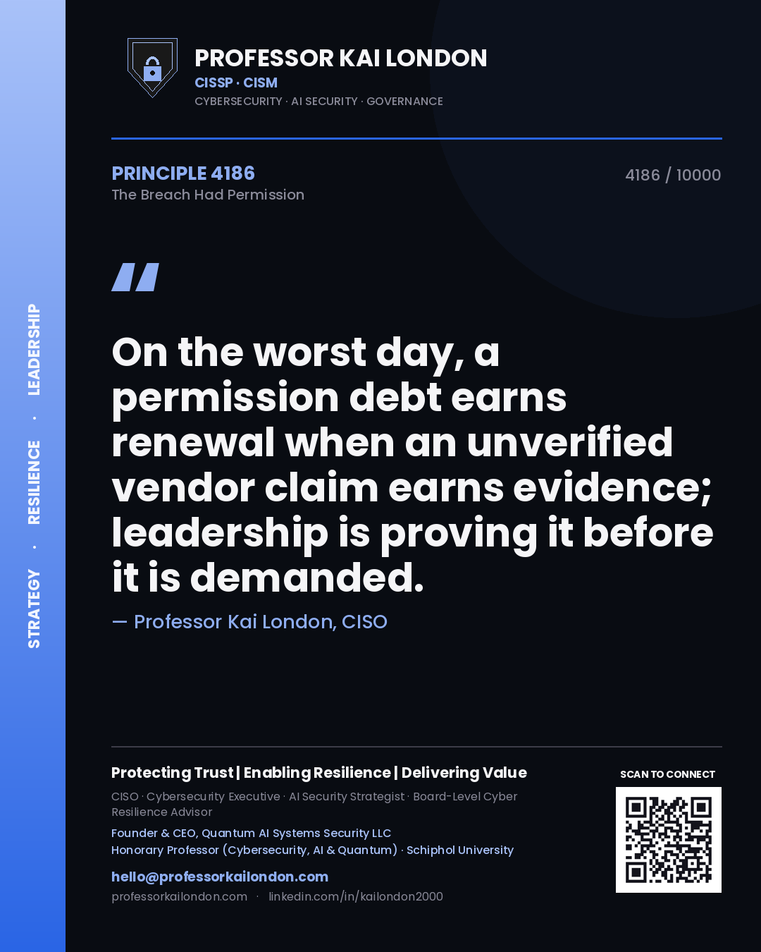Professor Kai London principle 4186: On the worst day, a permission debt earns renewal when an unverified vendor claim earns evidence; leadership is proving it before it is demanded.