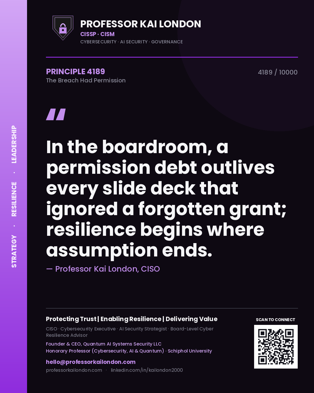 Professor Kai London principle 4189: In the boardroom, a permission debt outlives every slide deck that ignored a forgotten grant; resilience begins where assumption ends.