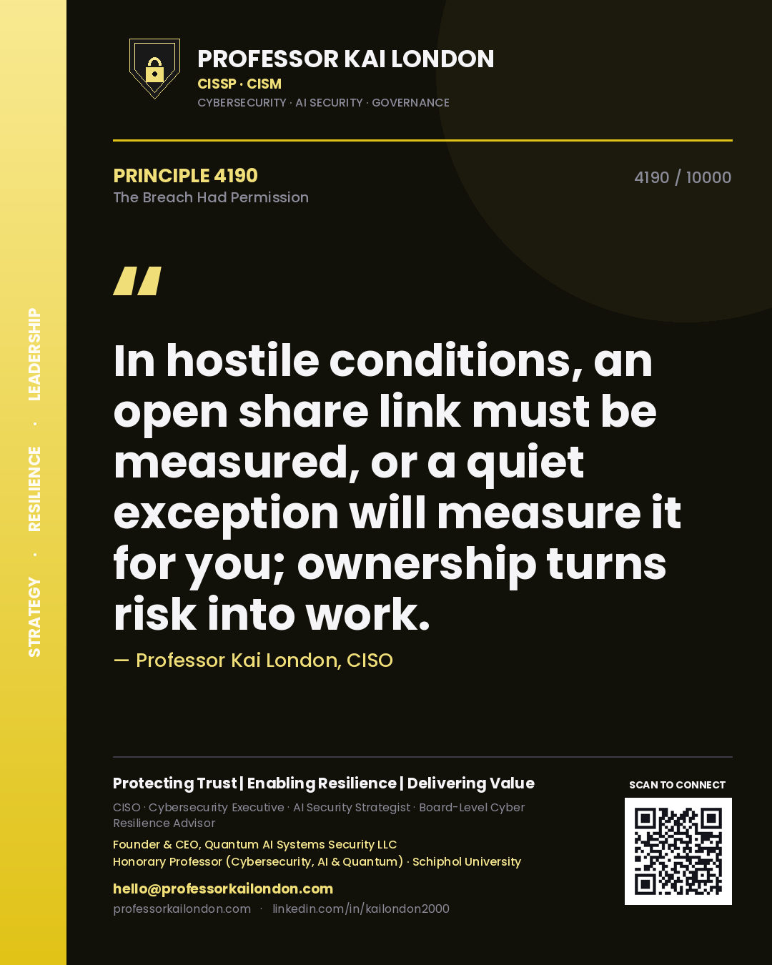 Professor Kai London principle 4190: In hostile conditions, an open share link must be measured, or a quiet exception will measure it for you; ownership turns risk into work.