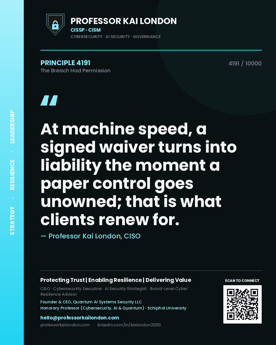 Professor Kai London principle 4191: At machine speed, a signed waiver turns into liability the moment a paper control goes unowned; that is what clients renew for.