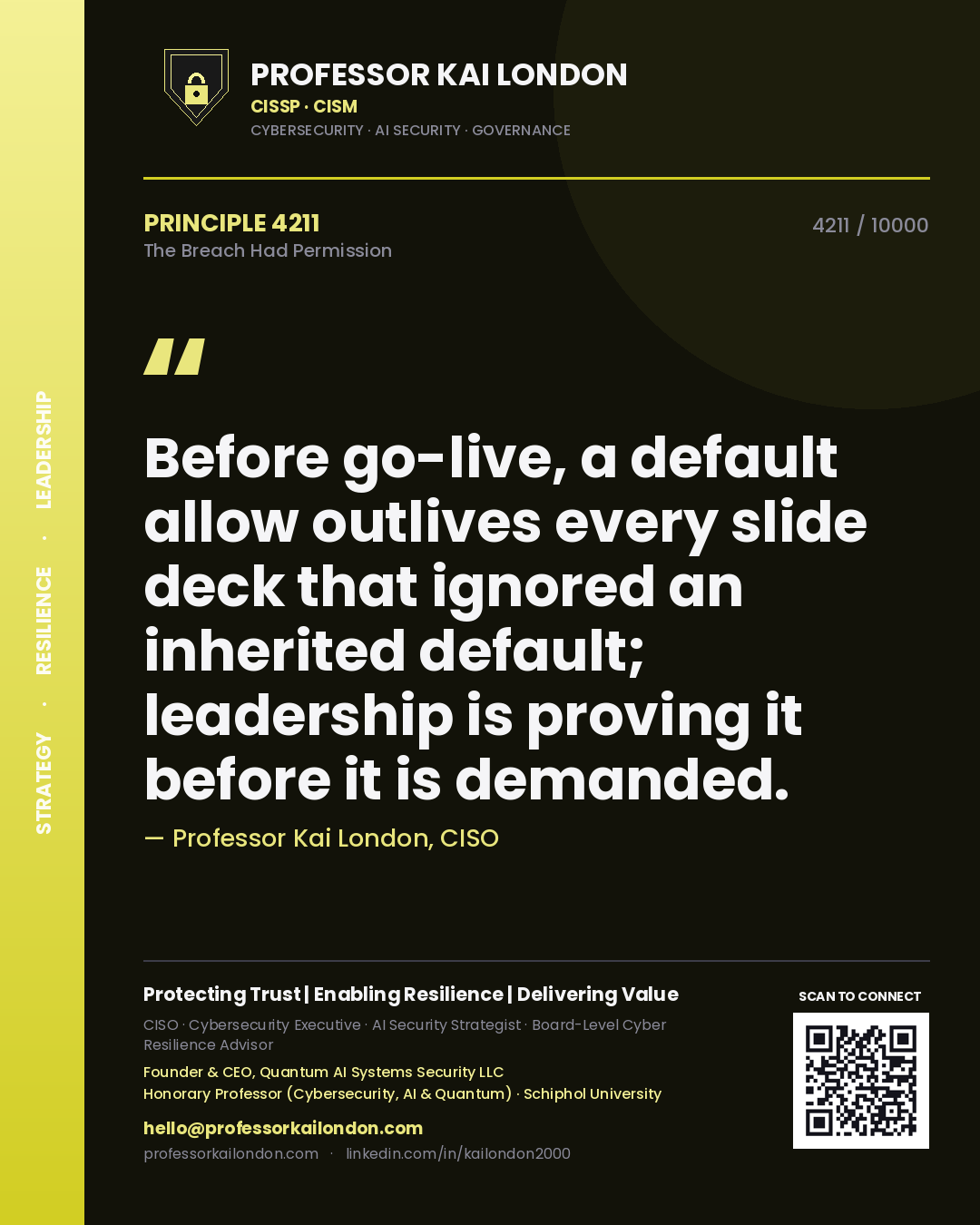 Professor Kai London principle 4211: Before go-live, a default allow outlives every slide deck that ignored an inherited default; leadership is proving it before it is demanded.