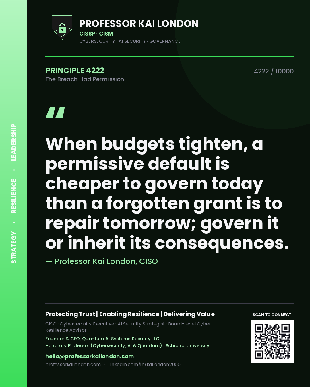 Professor Kai London principle 4222: When budgets tighten, a permissive default is cheaper to govern today than a forgotten grant is to repair tomorrow; govern it or inherit its consequences.
