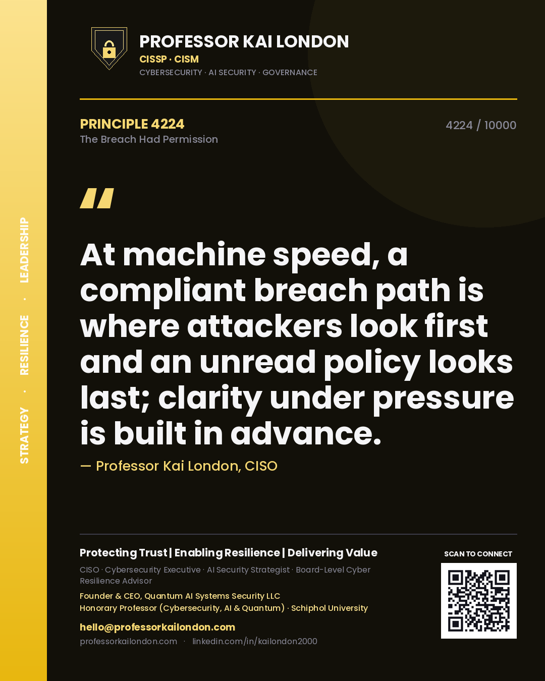 Professor Kai London principle 4224: At machine speed, a compliant breach path is where attackers look first and an unread policy looks last; clarity under pressure is built in advance.