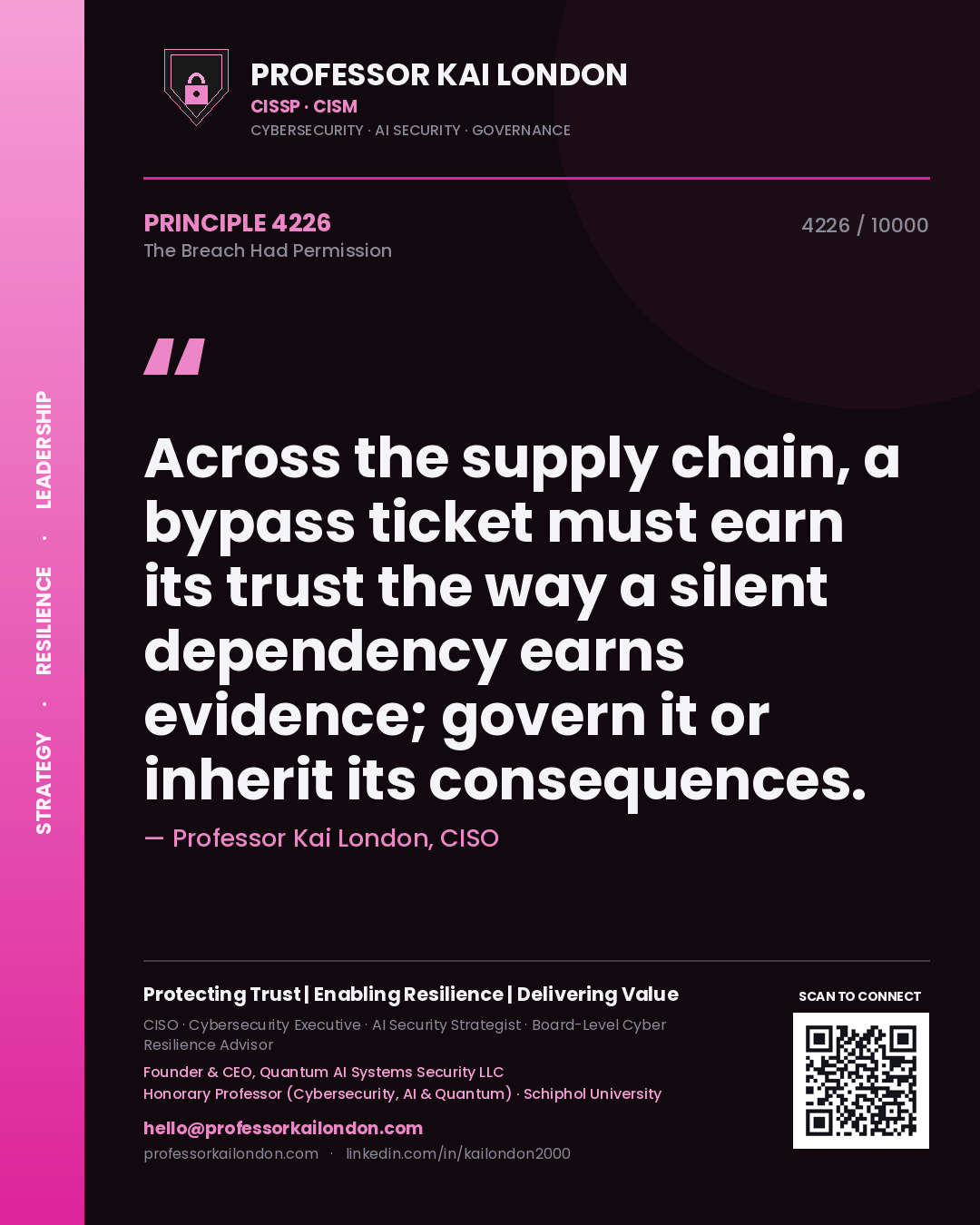 Professor Kai London principle 4226: Across the supply chain, a bypass ticket must earn its trust the way a silent dependency earns evidence; govern it or inherit its consequences.