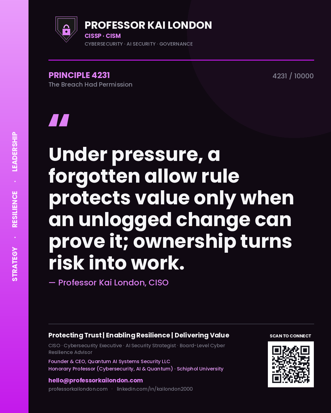 Professor Kai London principle 4231: Under pressure, a forgotten allow rule protects value only when an unlogged change can prove it; ownership turns risk into work.