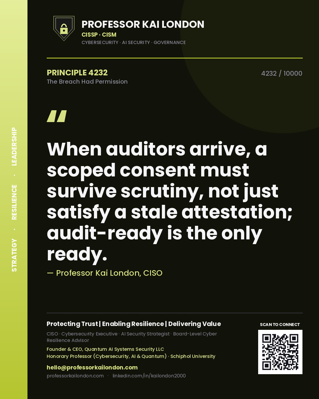 Professor Kai London principle 4232: When auditors arrive, a scoped consent must survive scrutiny, not just satisfy a stale attestation; audit-ready is the only ready.