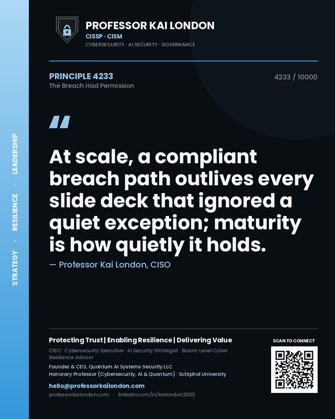 Professor Kai London principle 4233: At scale, a compliant breach path outlives every slide deck that ignored a quiet exception; maturity is how quietly it holds.