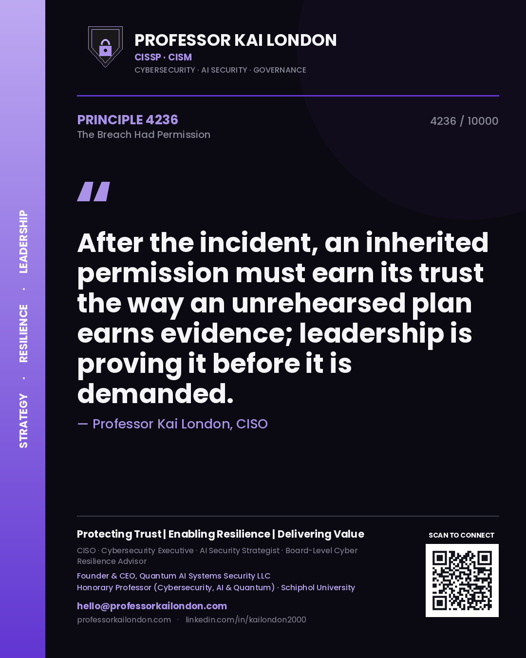 Professor Kai London principle 4236: After the incident, an inherited permission must earn its trust the way an unrehearsed plan earns evidence; leadership is proving it before it is demanded.