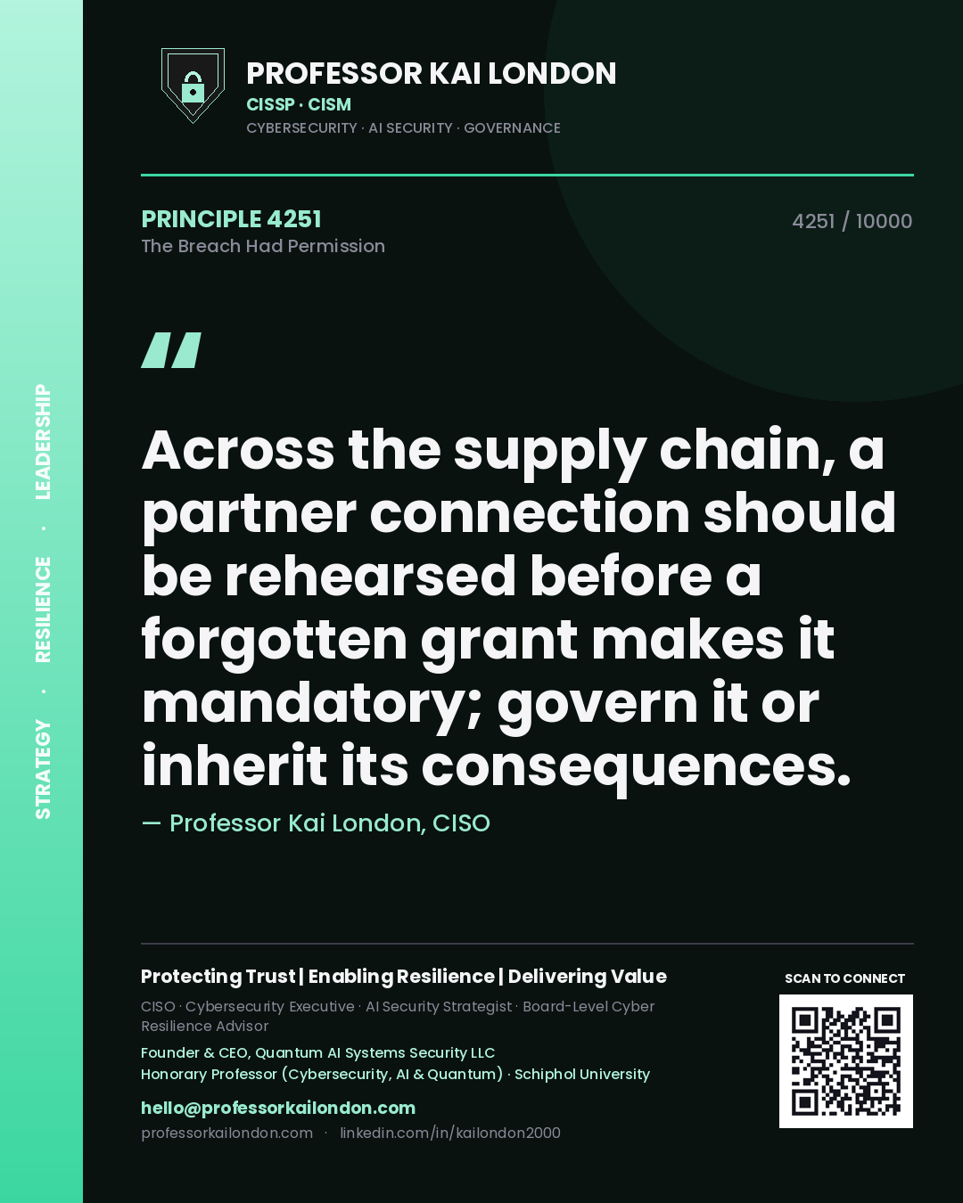Professor Kai London principle 4251: Across the supply chain, a partner connection should be rehearsed before a forgotten grant makes it mandatory; govern it or inherit its consequences.