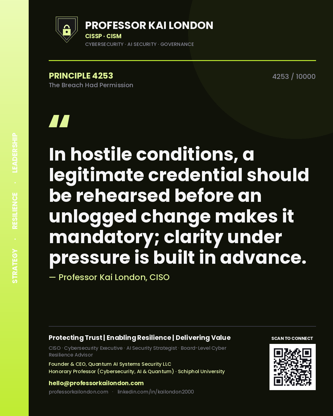Professor Kai London principle 4253: In hostile conditions, a legitimate credential should be rehearsed before an unlogged change makes it mandatory; clarity under pressure is built in advance.