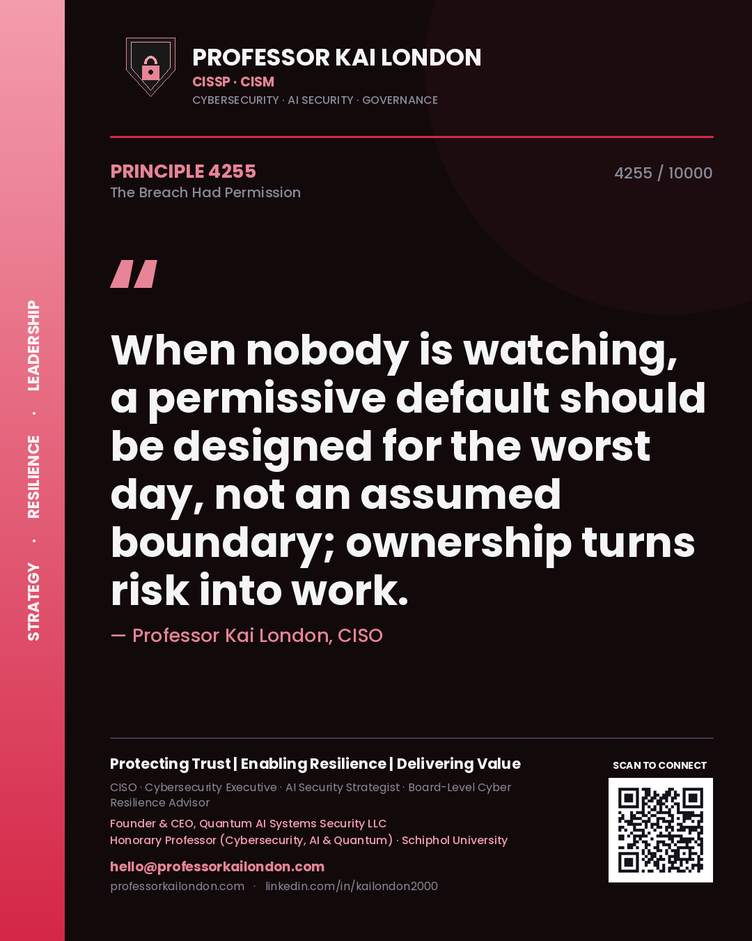 Professor Kai London principle 4255: When nobody is watching, a permissive default should be designed for the worst day, not an assumed boundary; ownership turns risk into work.