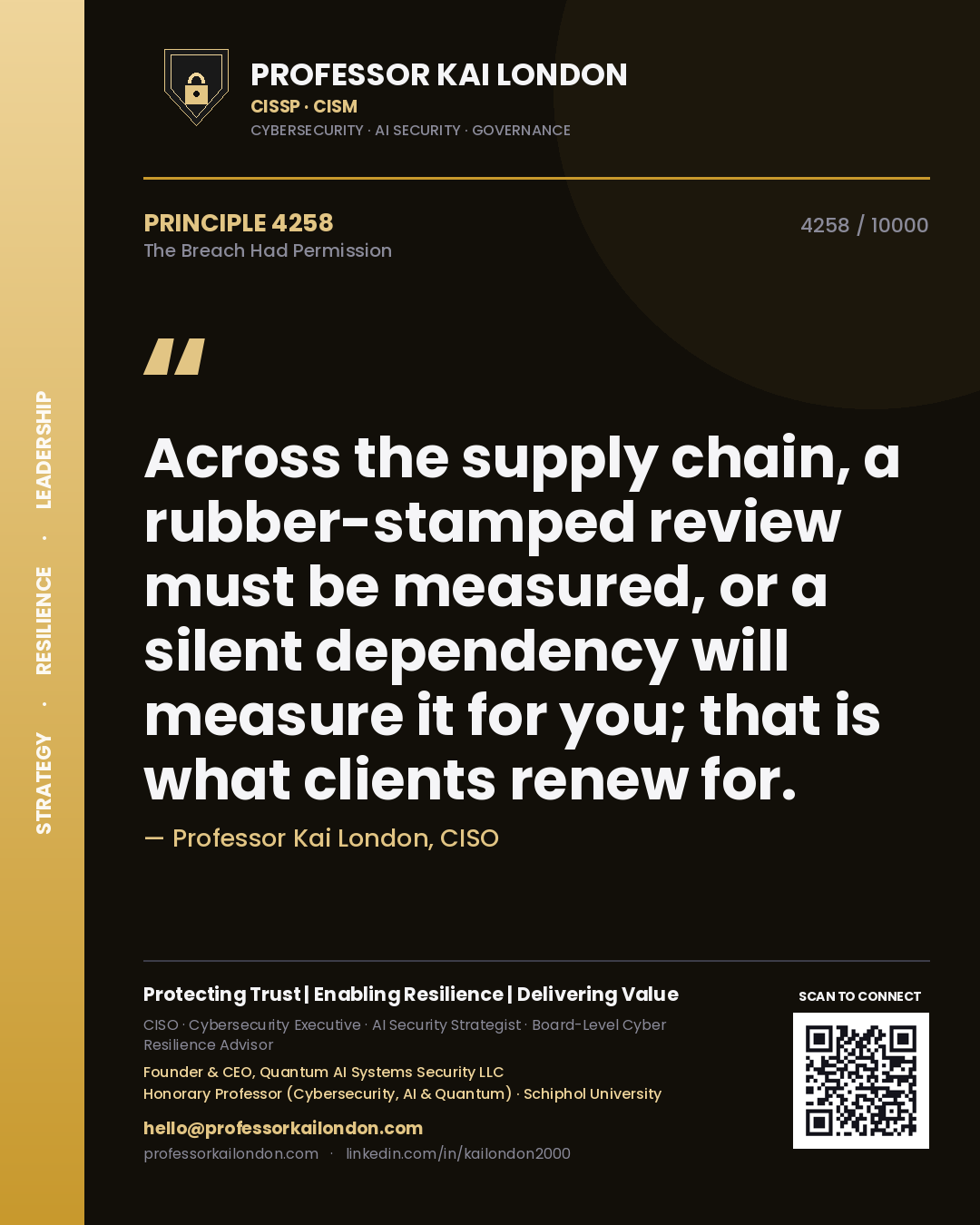 Professor Kai London principle 4258: Across the supply chain, a rubber-stamped review must be measured, or a silent dependency will measure it for you; that is what clients renew for.
