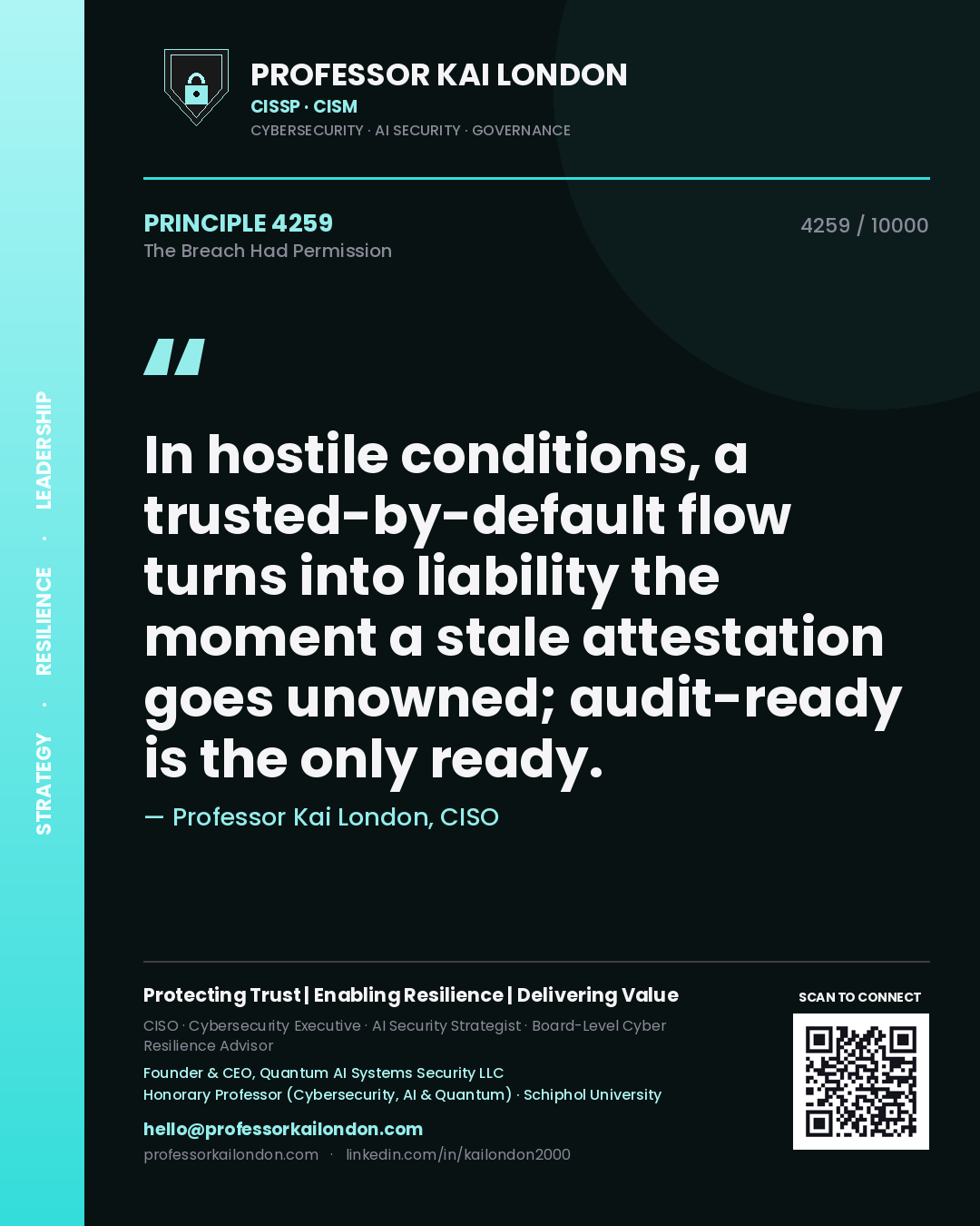 Professor Kai London principle 4259: In hostile conditions, a trusted-by-default flow turns into liability the moment a stale attestation goes unowned; audit-ready is the only ready.